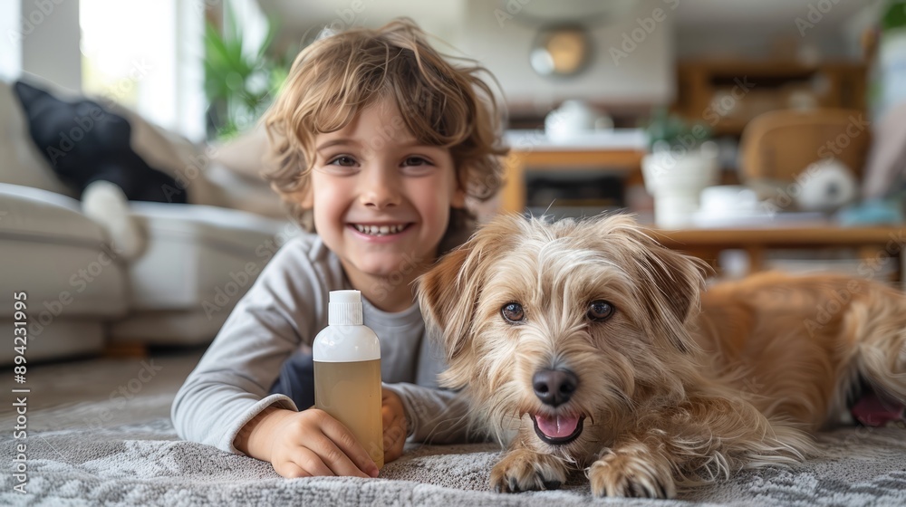 Dog care, Chaperone, International Dog Day, cleaning spray bottles on a table with a happy child and dog playing on a gray carpet in the background Dog care, Chaperone, International Dog Day, cleaning spray bottles on a table with a happy child and dog playing on a gray carpet in the background