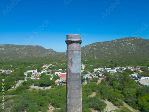 Aerial view from a drone of an old industrial chimney called 