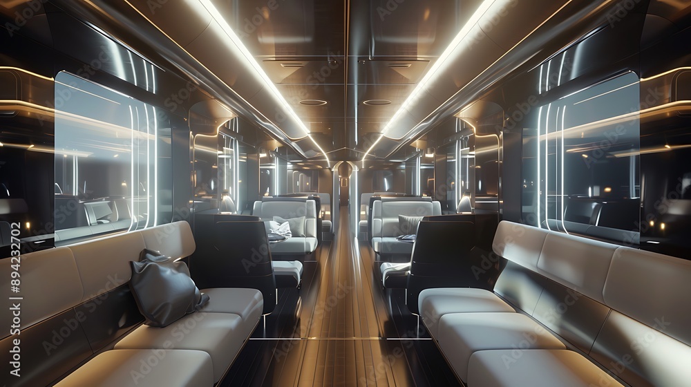 Fototapeta premium Modern Luxury Train Interior with White Leather Seats and Sleek Design