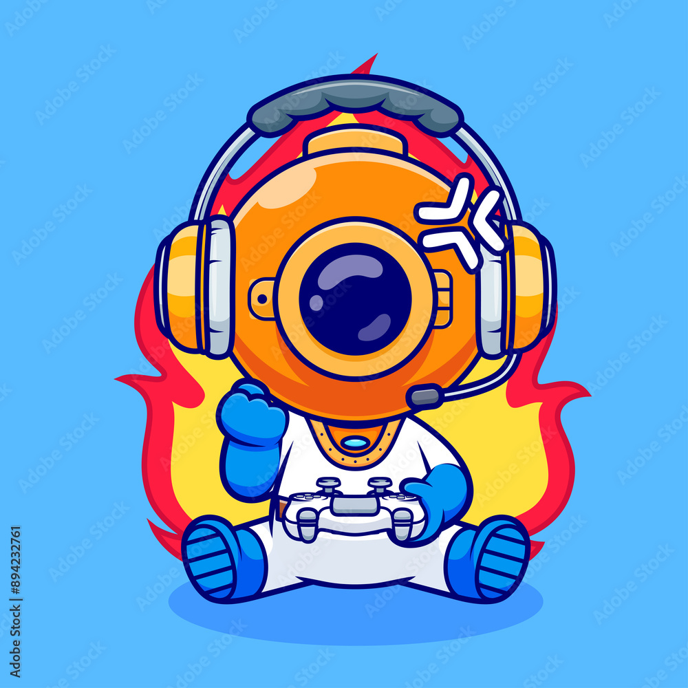 Cute Angry Diver Gaming Cartoon Vector Icon Cute Angry Diver Gaming Cartoon Vector Icon