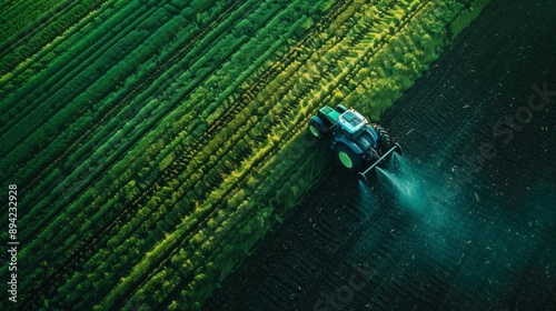 A tractor is spraying a field with a green liquid