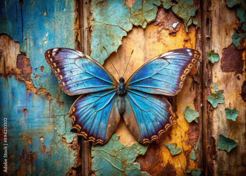 A delicate blue butterfly with intricate wings rests on worn, peeling paint, surrounded by rustic textures and muted colors, evoking a sense of aged charm.