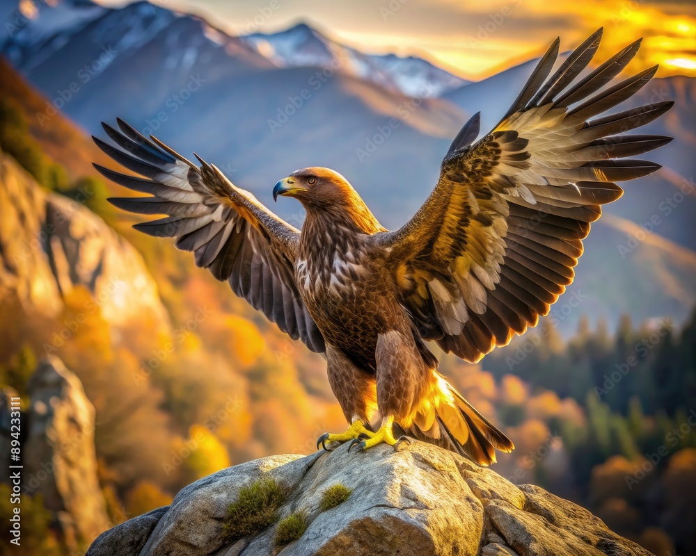 Fototapeta premium Majestic golden eagle perched on a rocky outcrop, wings fully extended, showcasing its impressive span and feathers glistening in the warm sunlight.