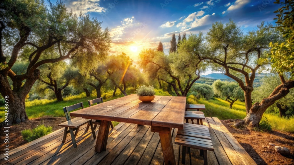 Fototapeta premium Rustic wooden table set amidst thriving olive trees, natural hues of wood and lush foliage blend harmoniously under a serene, sun-drenched Mediterranean sky.