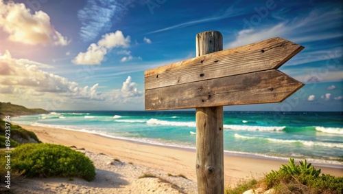 Weathered wooden signpost stands alone on a sun-kissed beach, its worn arms pointing towards exotic coastal destinations, evoking a sense of wanderlust and adventure.