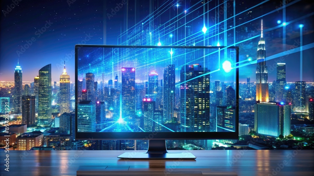 A futuristic computer screen displaying a citiescape at night with vibrant lights, coding and data streams, illustrating digital marketing and online advertising success. A futuristic computer screen displaying a citiescape at night with vibrant lights, coding and data streams, illustrating digital marketing and online advertising success.