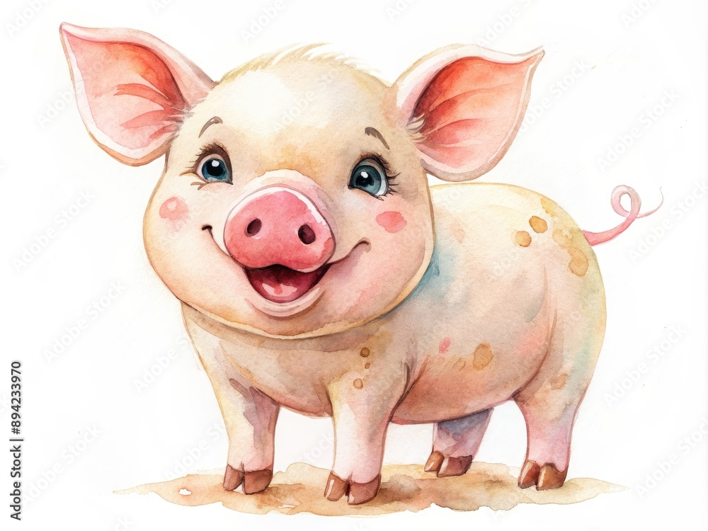 A bright and happy pig character with soft pastel watercolor textures and delicate features is set against a clean white isolated background. A bright and happy pig character with soft pastel watercolor textures and delicate features is set against a clean white isolated background.