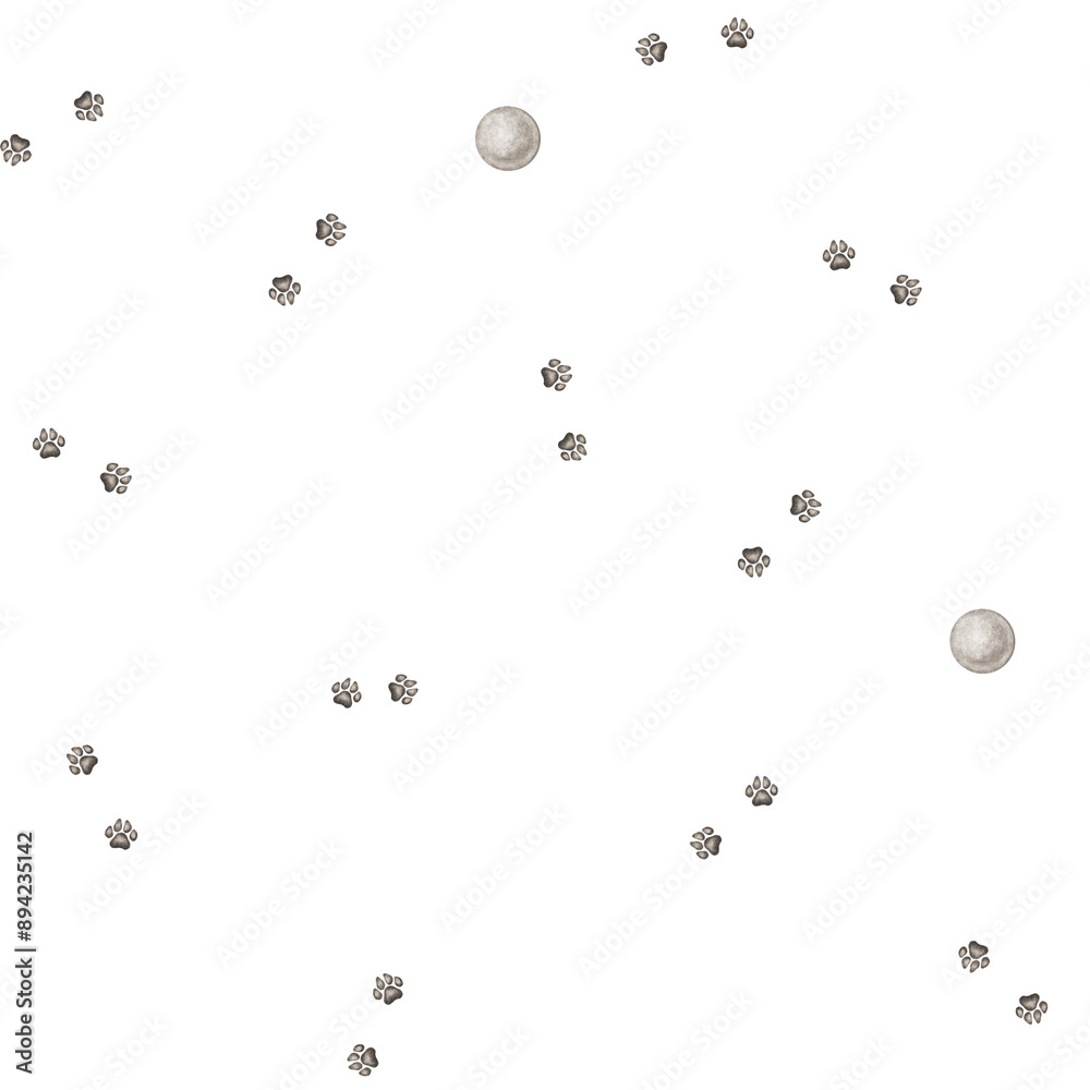 Seamless pattern of animal paws and ball for kids. Hand drawn illustration of paws dog or cat on isolated background. Minimalist Scandinavian style. Cute paw for children Seamless pattern of animal paws and ball for kids. Hand drawn illustration of paws dog or cat on isolated background. Minimalist Scandinavian style. Cute paw for children
