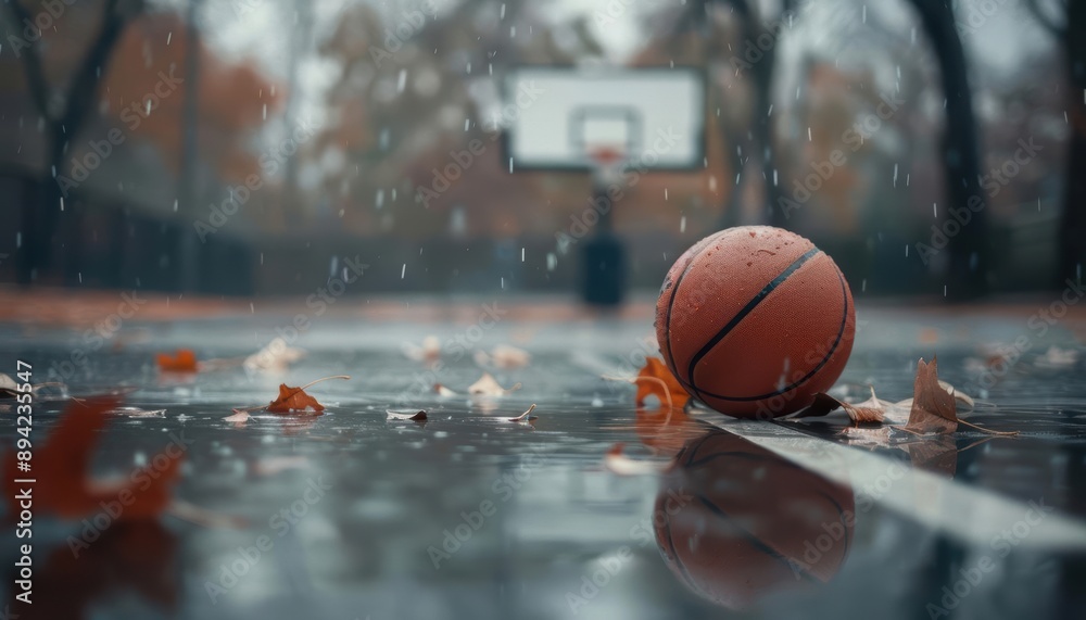 A basketball lying on an outdoor court, with a hoop and backboard in the distance, and a few fallen autumn leaves scattered around A basketball lying on an outdoor court, with a hoop and backboard in the distance, and a few fallen autumn leaves scattered around