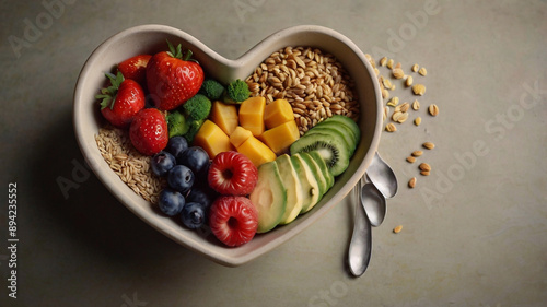 A vibrant photo showcasing a heartshaped bowl filled with nutritious diet foods, including fresh fruits, vegetables, and whole grains, promoting heart health and cardiovascular wellness 