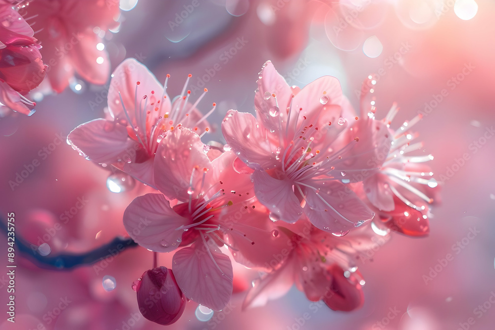 Pink Cherry Blossoms with Dew Drops Pink Cherry Blossoms with Dew Drops