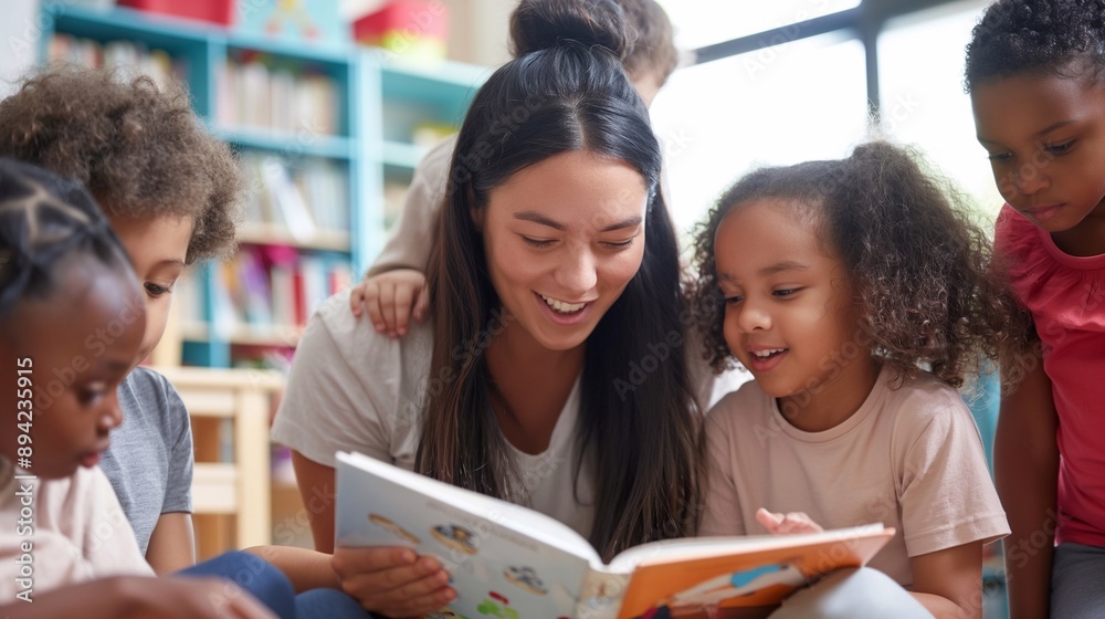 Elementary School female smiling Teacher and Diverse Group of Children Engaged in a Fun and Educational Reading Session Elementary School female smiling Teacher and Diverse Group of Children Engaged in a Fun and Educational Reading Session
