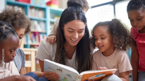 Elementary School female smiling Teacher and Diverse Group of Children Engaged in a Fun and Educational Reading Session © Daria Lukoiko