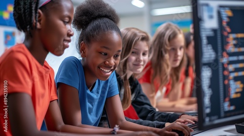 Happy and enthusiastic children working together on computer during a classroom activity, the importance of technology in creating engaging and interactive learning environments for students