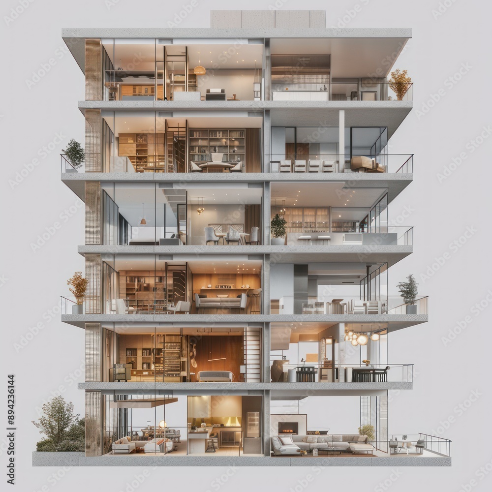 A modern apartment building with an interior design cutaway view showing various rooms A modern apartment building with an interior design cutaway view showing various rooms