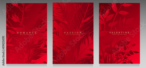 Red luxury cover set. Elegant floral pattern, twigs and foliage on gradient background. Total red modern collection. 