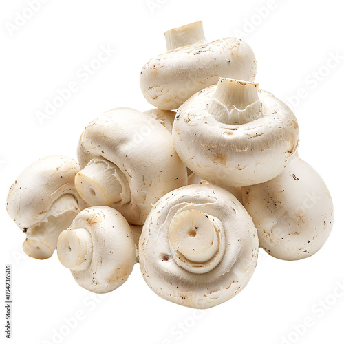 A close-up shot of a pile of fresh white button mushrooms isolated against a white background