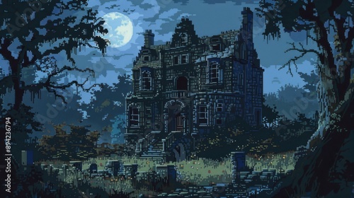 Pixel Art Haunted Mansion Background for Video Game, Retro Halloween Scene, Night Sky, Full Moon