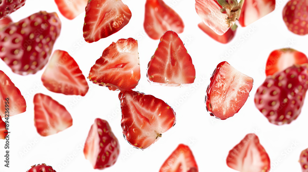 Animated PNG image of sliced strawberries falling in front of a white background. Animated PNG image of sliced strawberries falling in front of a white background.