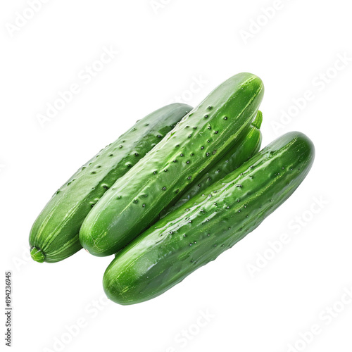 Three green cucumbers sit on a white background, arranged in a simple pile