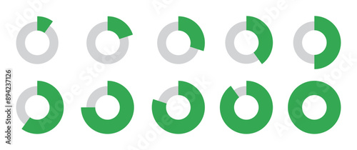 0 to 100 Infographic divided circles set in green and grey color horizontal thin and thick circles new style. Circle loading or circle progress collection with 0 10 20 30 40 50 60 70 80 90 100 percent