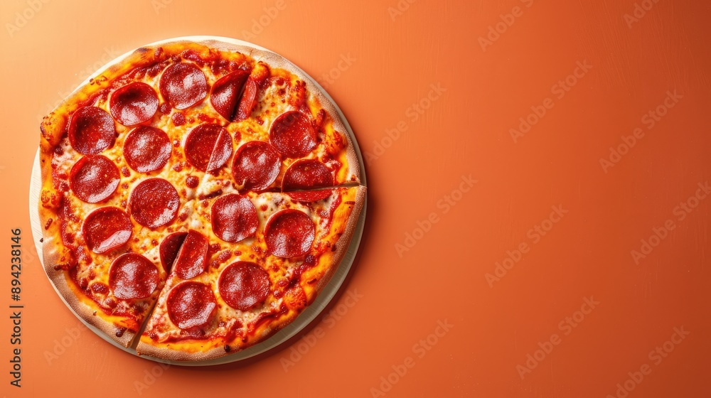 Pepperoni pizza on orange backdrop with space for text, overhead view Pepperoni pizza on orange backdrop with space for text, overhead view