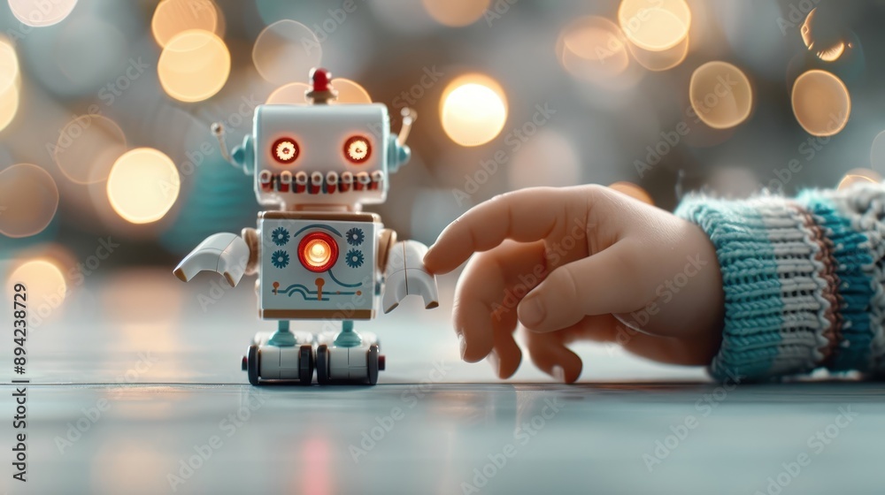 A child's hand presses a bright red button on a toy robot. A child's hand presses a bright red button on a toy robot.