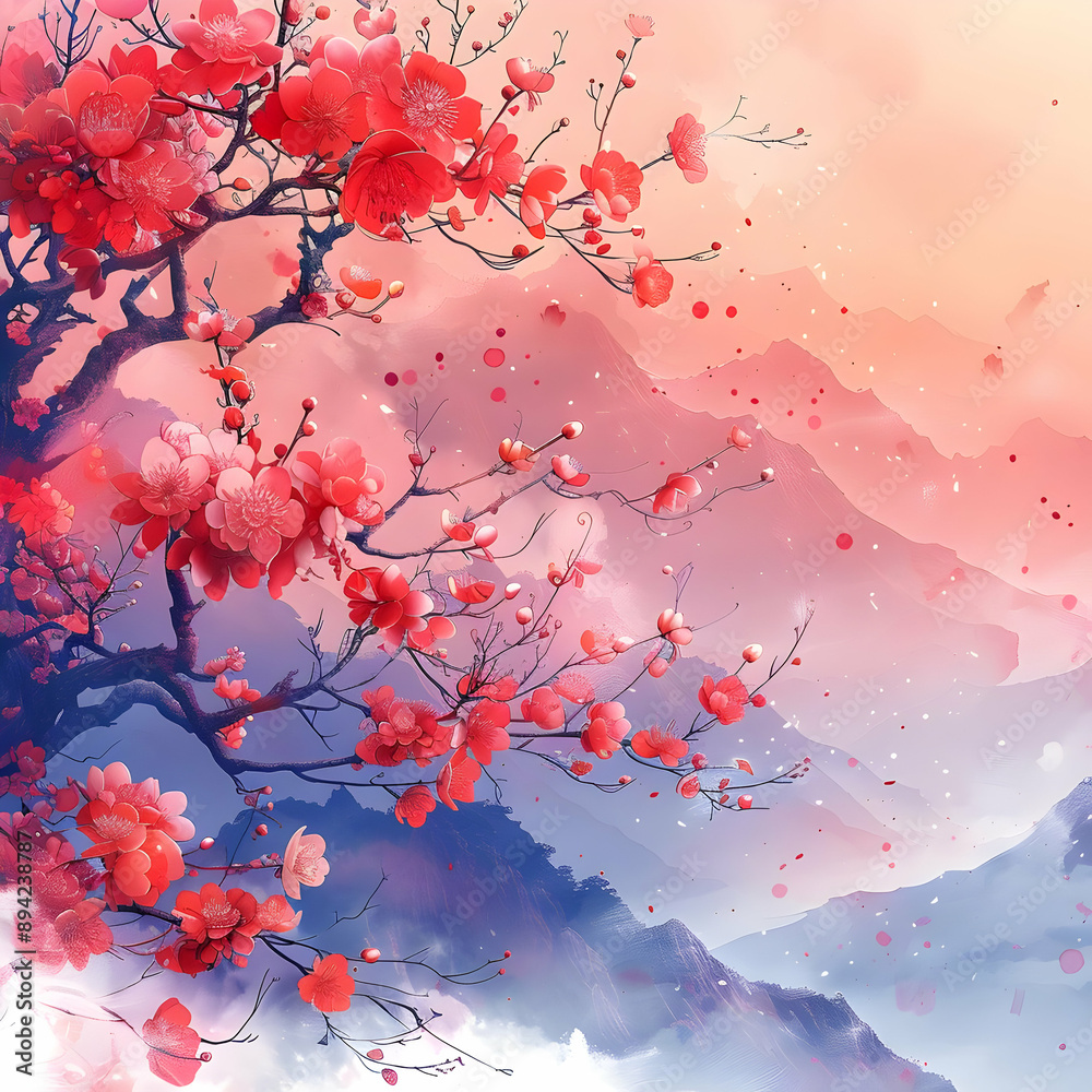 Pink Cherry Blossoms Against Mountain Landscape Pink Cherry Blossoms Against Mountain Landscape