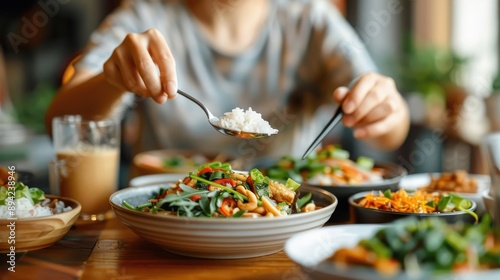 A hand using a spoon to scoop up sticky rice at a Thai meal.