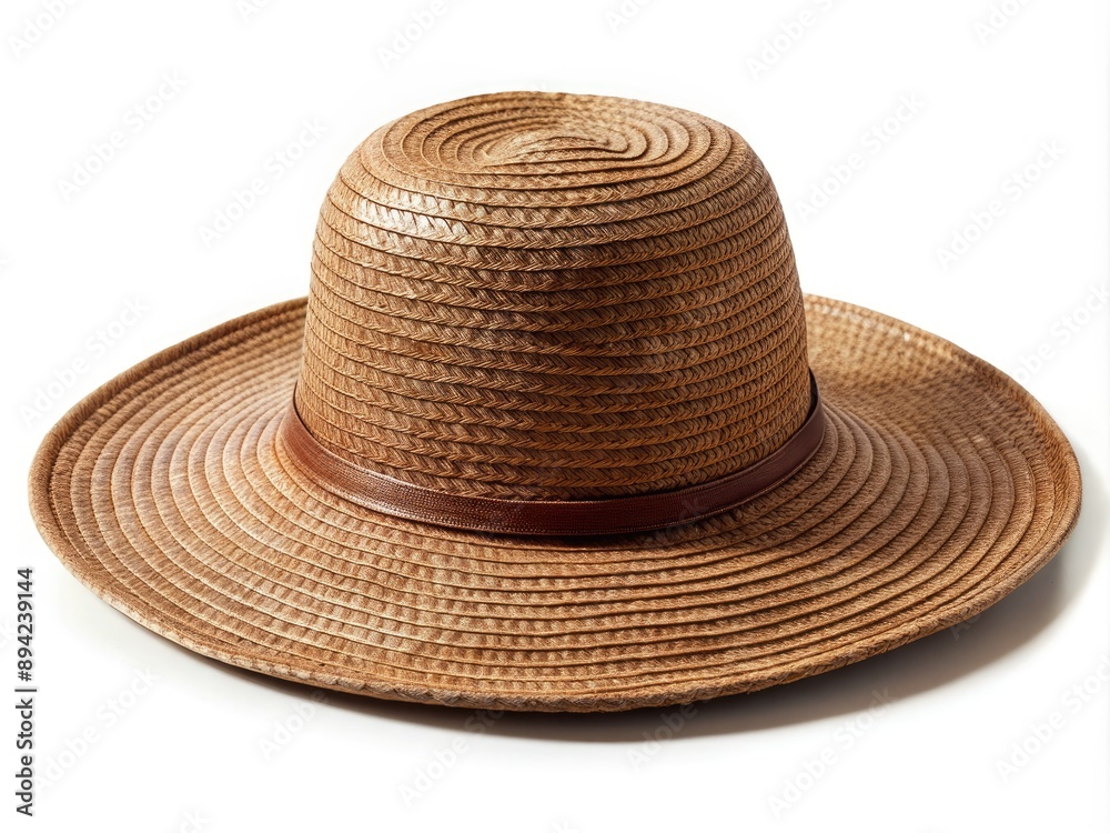 Attractive rustic brown straw hat with wide brim and rounded crown, isolated on pure white background, providing ample copyspace for creative banners and designs. Attractive rustic brown straw hat with wide brim and rounded crown, isolated on pure white background, providing ample copyspace for creative banners and designs.