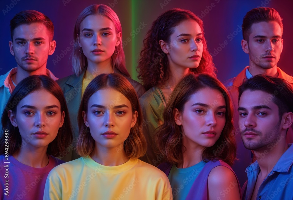 Fototapeta premium Diverse group of young adults with neon background, highlighting cultural inclusivity and modern fashion. 