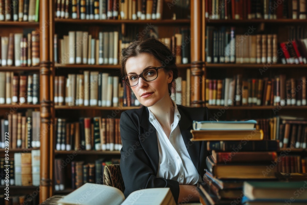 Businesswoman in a library surrounded by books, continuous learning, knowledge, professional growth Businesswoman in a library surrounded by books, continuous learning, knowledge, professional growth