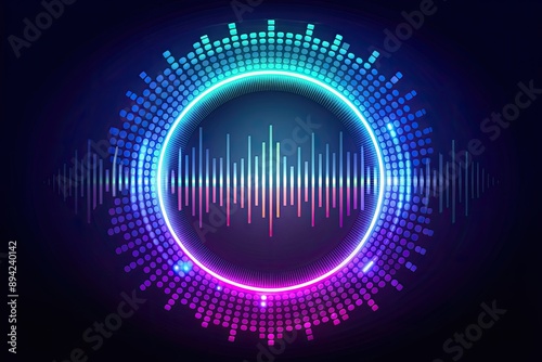 Circular audio equalizer symbol, sound wave vector icon, isolated on dark background, featuring abstract digital wave of circle line particles, conveying futuristic modern technology.