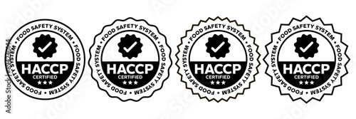 HACCP Hazard Analysis Critical Control Points, Food Safety system, logo, badge, icon, sticker, label, emblem, stamp, symbol, green, golden, flat vector, isolated illustration. HACCP Certified.