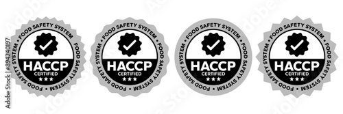 HACCP Hazard Analysis Critical Control Points, Food Safety system, logo, badge, icon, sticker, label, emblem, stamp, symbol, green, golden, flat vector, isolated illustration. HACCP Certified.