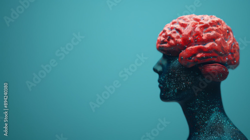 Abstract sculpture of a human head with a red brain on top, against a teal background, symbolizing creativity and mental processes.