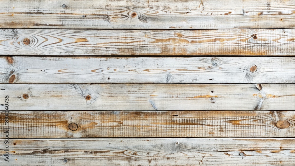 Naklejka premium Weathered white painted wood planks with rustic texture and distressed finish, forming a horizontal pattern, evoking a sense of vintage charm and coastal ambiance.