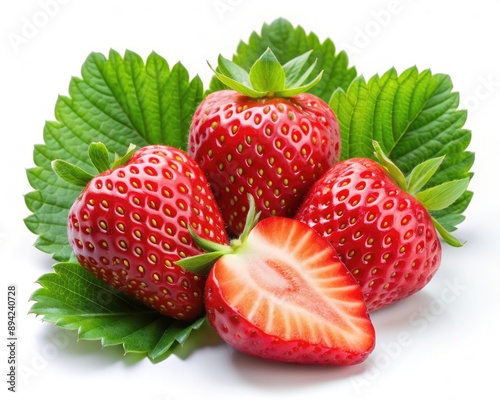 Fresh and juicy ripe strawberries isolated on a clean white background, showcasing two whole strawberries and one sliced with green leaves, perfect for advertising.
