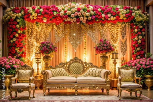 Wallpaper Mural Elegant wedding ceremony stage decoration featuring luxurious traditional Indian Pakistani style sofa adorned with vibrant flowers and intricate gold accents against a lavish backdrop. Torontodigital.ca