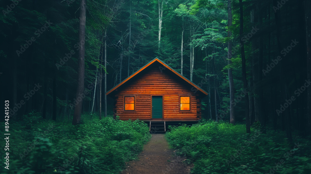 Cozy wooden cabin illuminated at dusk in the heart of a dense forest, surrounded by lush greenery and tall trees. Cozy wooden cabin illuminated at dusk in the heart of a dense forest, surrounded by lush greenery and tall trees.