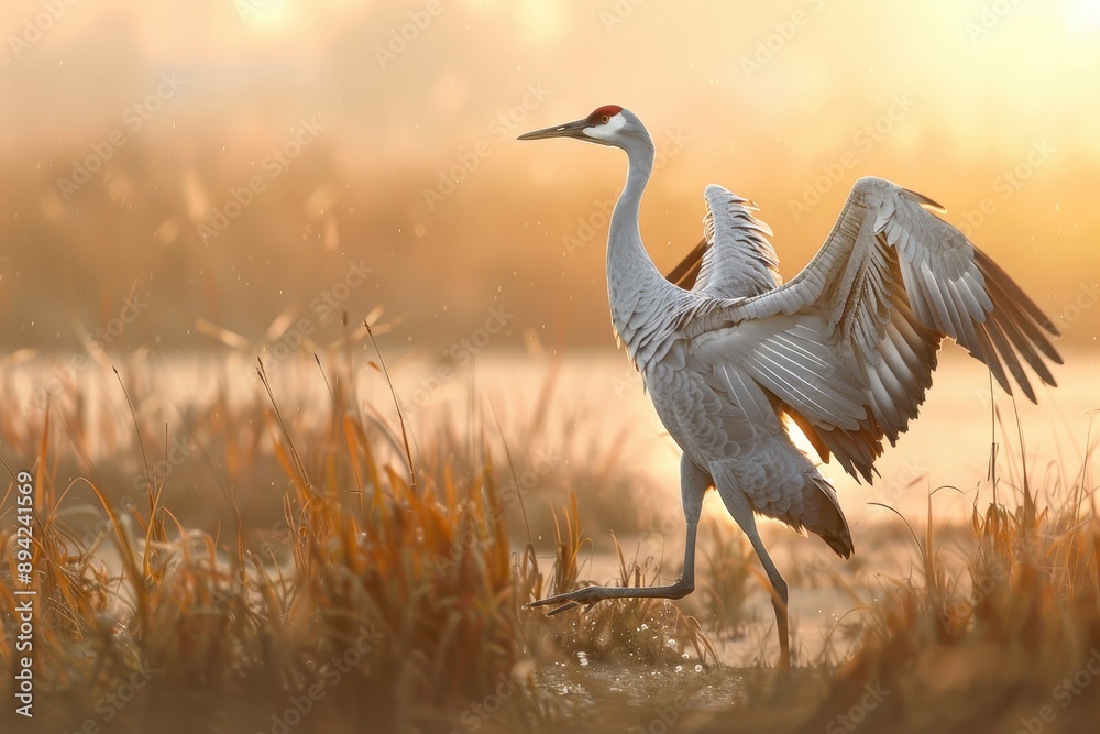 Fototapeta premium A dynamic shot of a common crane dancing in a marshland during mating season.