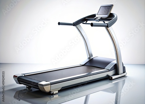 High-tech sports simulator treadmill stands alone on a pristine white background, sleek curves and futuristic lines hinting at innovative athletic performance tracking capabilities. photo