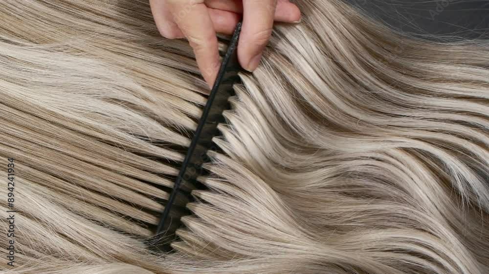 Closeup blond hair texture, slow motion of female hand combing long curly hair