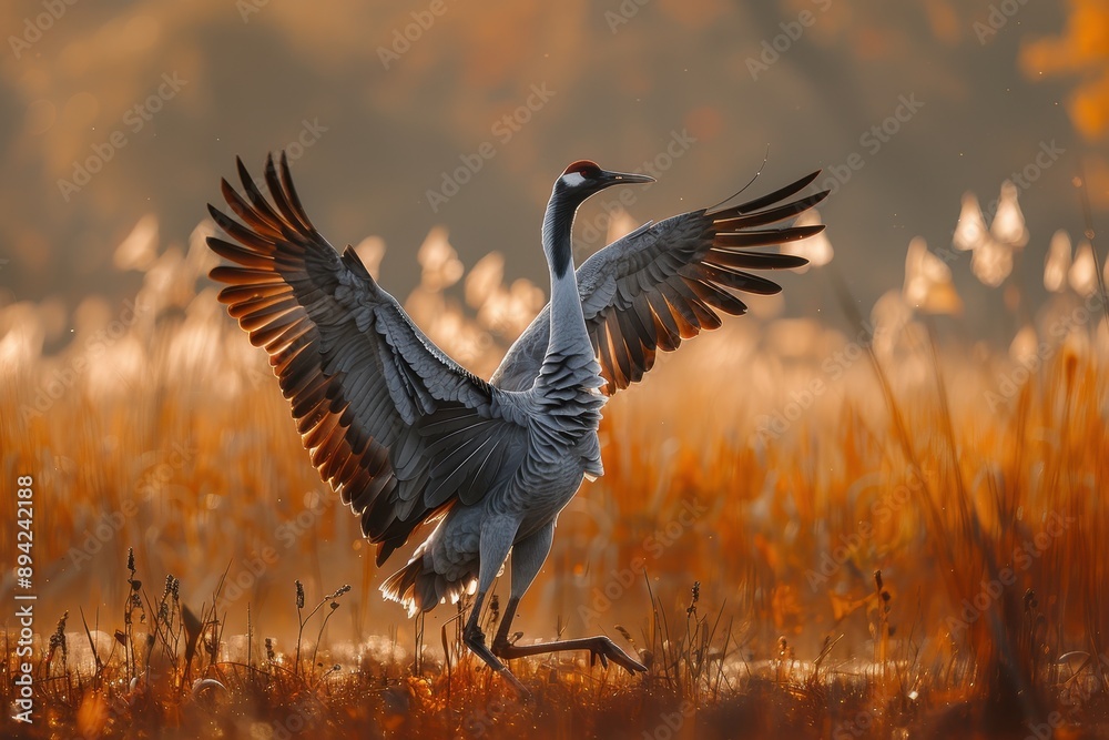 Fototapeta premium A dynamic shot of a common crane dancing in a marshland during mating season.