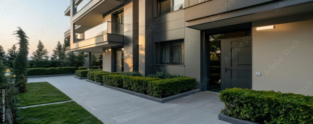 Fototapeta premium Modern apartment building with green landscaping and a walkway.