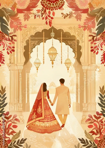 A wedding ceremony illustration with a newlywed couple walking through a decorated archway photo