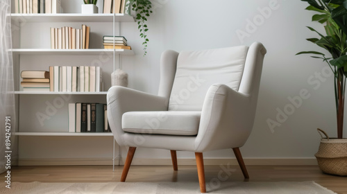 Modern cozy reading nook with a comfortable armchair, bookshelf, and greenery, perfect for relaxation in a minimalist interior design