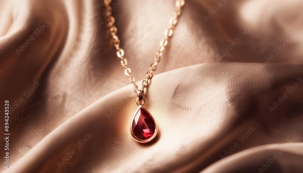 Elegant gold chain necklace with a red teardrop pendant, lying on a luxurious satin background. Elegant gold chain necklace with a red teardrop pendant, lying on a luxurious satin background.