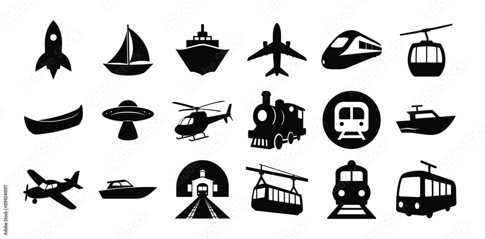 Naklejka premium Set black white icons different types transportation, canoe ufo locomotive helicopter