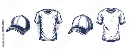 Black white line drawing baseball cap t-shirt on white background, merchandise hat headwear mockup